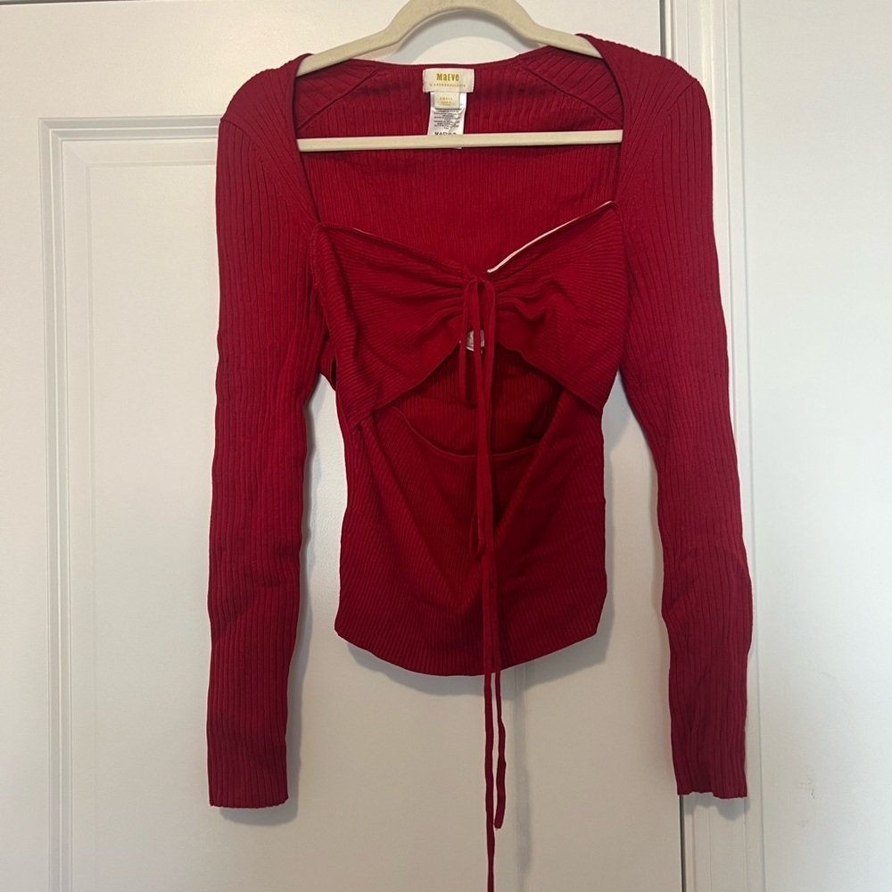 Anthropologie Maeve Bow Front Cutout Ribbed Top Red Long Sleeve - Picture 2 of 8